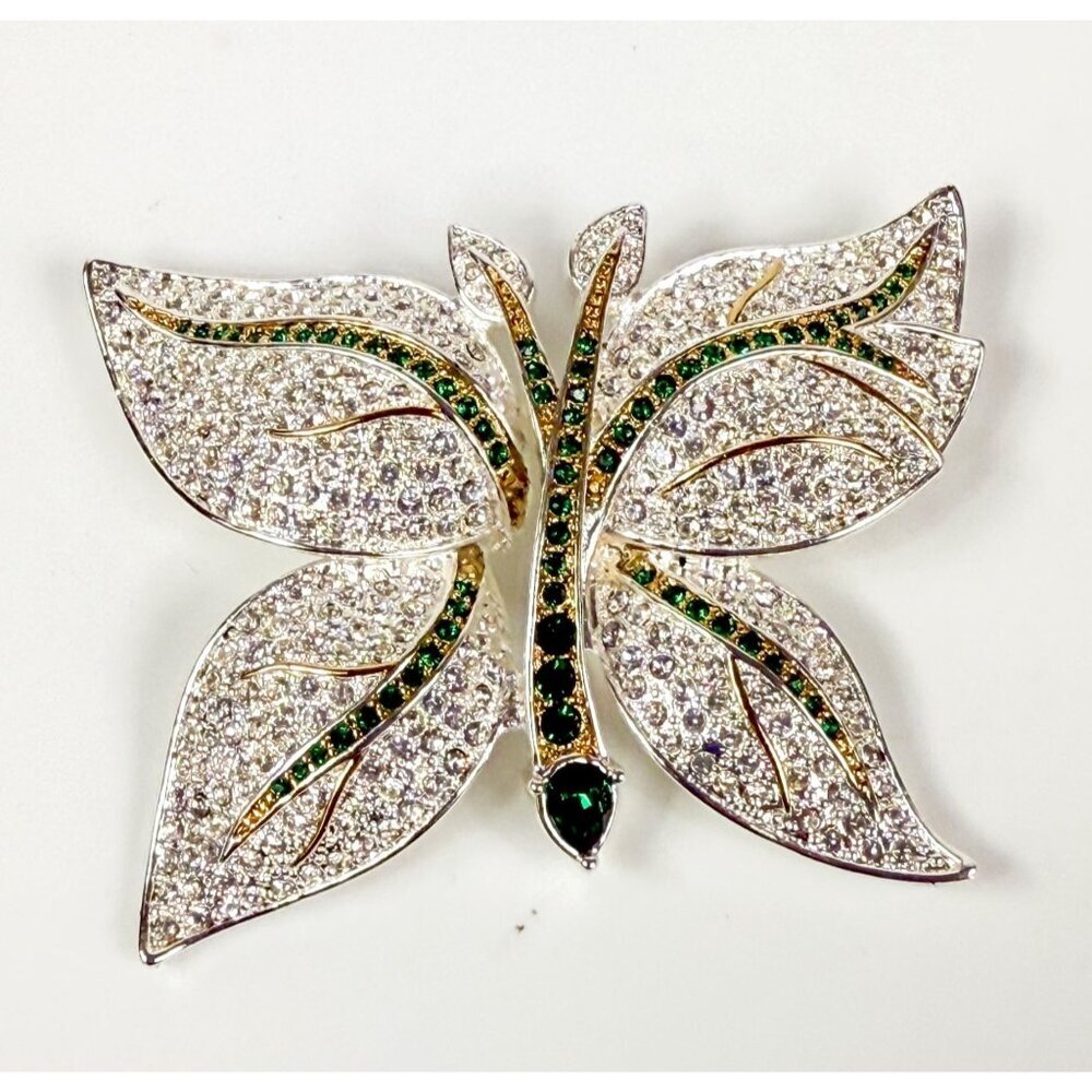 Napier Silver-plated Emerald Green Rhinestone Leaves Butterfly Brooch